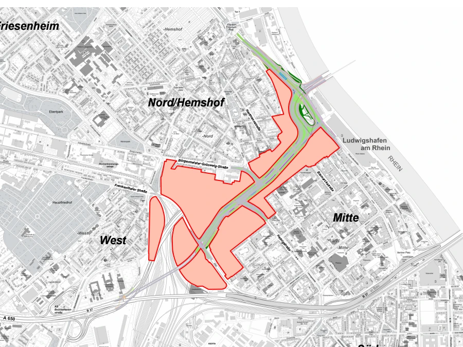Lageplan mit dem hervorgehobenen Entwicklungsgebiet der Rheintor-Quartiere entlang der Helmut-Kohl-Allee (Quelle: Stadtverwaltung Ludwigshafen am Rhein)